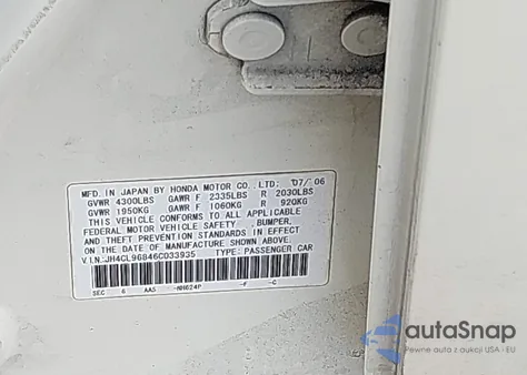 2006 Acura Tsx z USA, uszkodzony, nr VIN JH4CL96846C033935